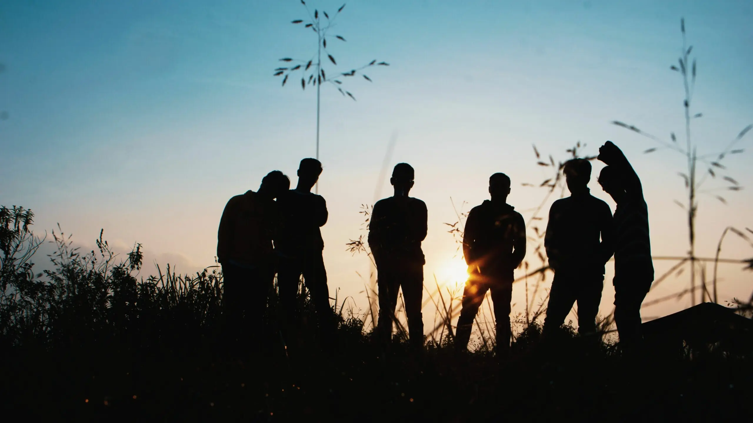 Groupe de personnes en silhouette debout sur un terrain en herbe au coucher du soleil