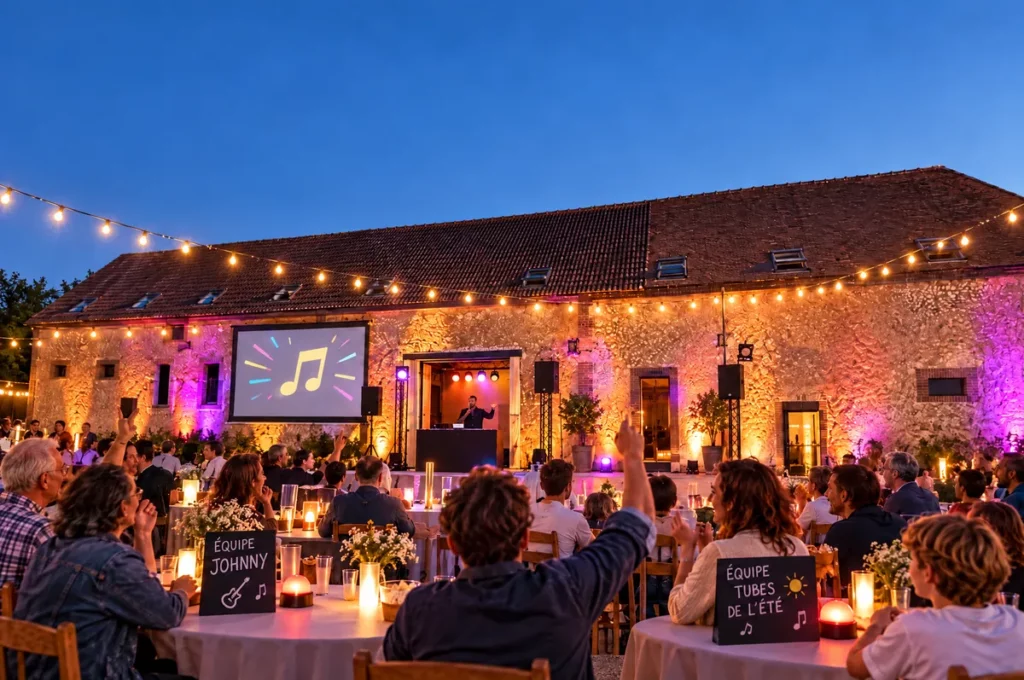 Soirée blind test en plein air avec équipes, guirlandes lumineuses et écran géant