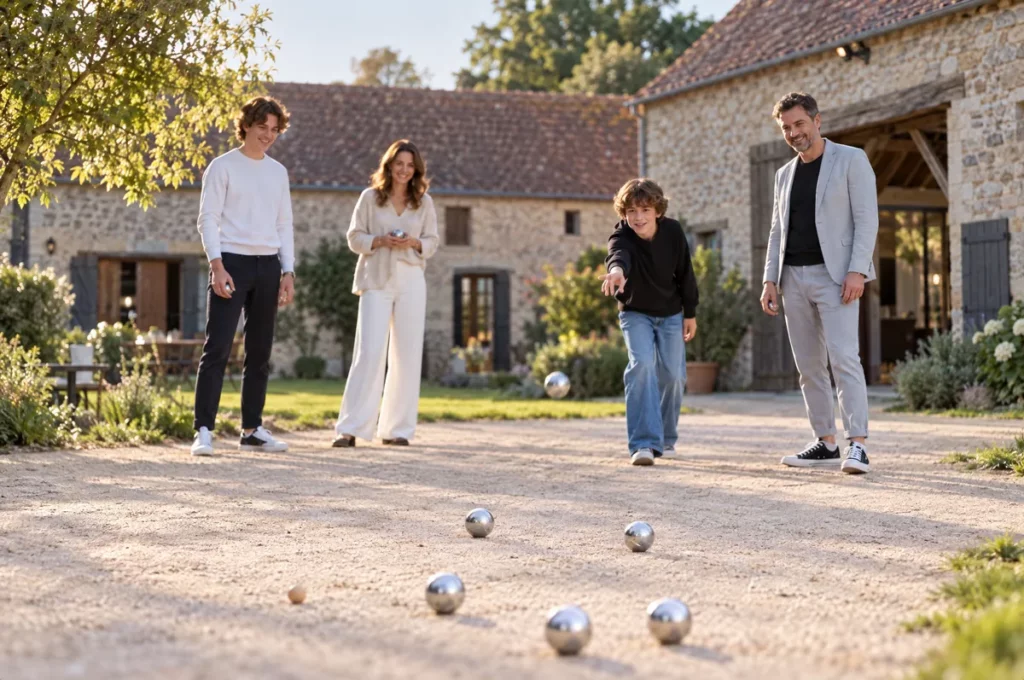 Partie de pétanque entre générations sur un terrain en gravier, en fin de journée