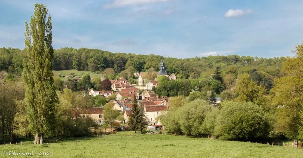 Moutiers-au-Perche vu depuis les prairies : maisons du village, clocher de l'église et forêts autour
